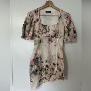 Asymmetrical white floral art dress cottagecore by Glamour babe